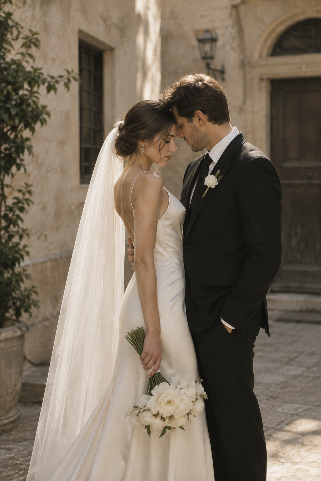 Newlywed couple in a quiet sunlit courtyard, bride in an ivory silk gown and groom in a black suit