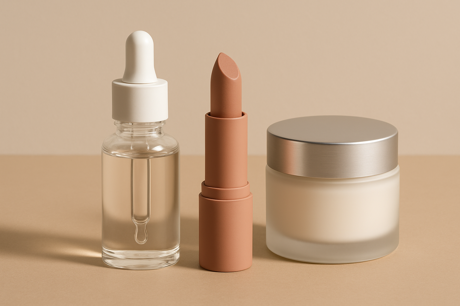 Minimal beauty new arrivals still life with a clear glass serum bottle, nude-pink lipstick, and silver-lid cream jar on a soft beige surface