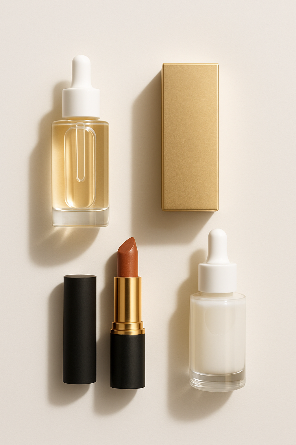 A beauty new-arrivals assortment on a bright tabletop, including serums, lipsticks, and premium packaging details