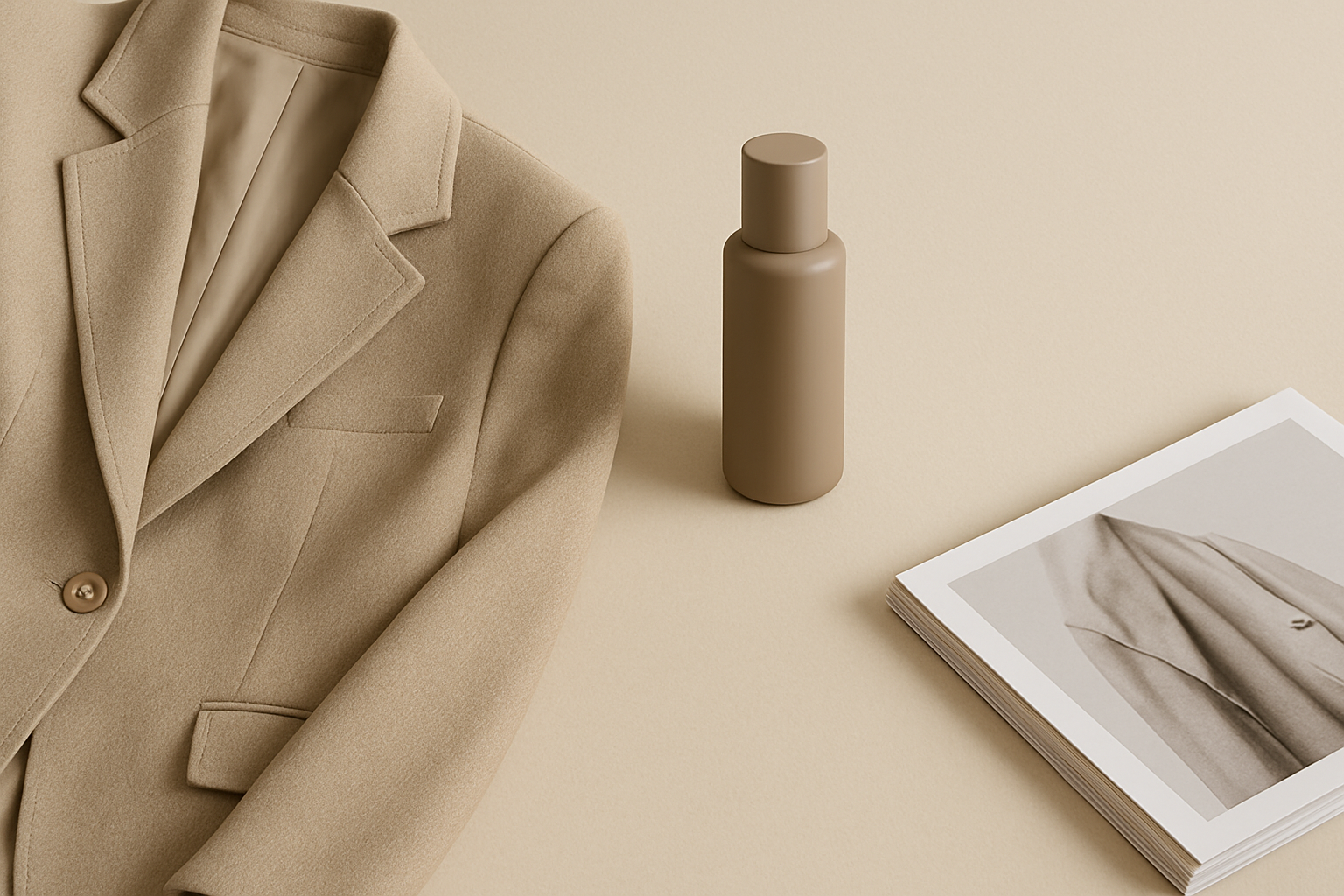 Minimal editorial ecommerce composition in soft natural light: a neutral blazer, a modern cosmetic bottle, and a folded magazine on a beige backdrop, highlighting fabric and packaging texture