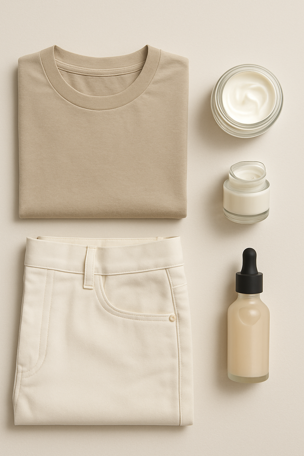 A flat lay of daily bestsellers, including essential apparel pieces and skincare staples
