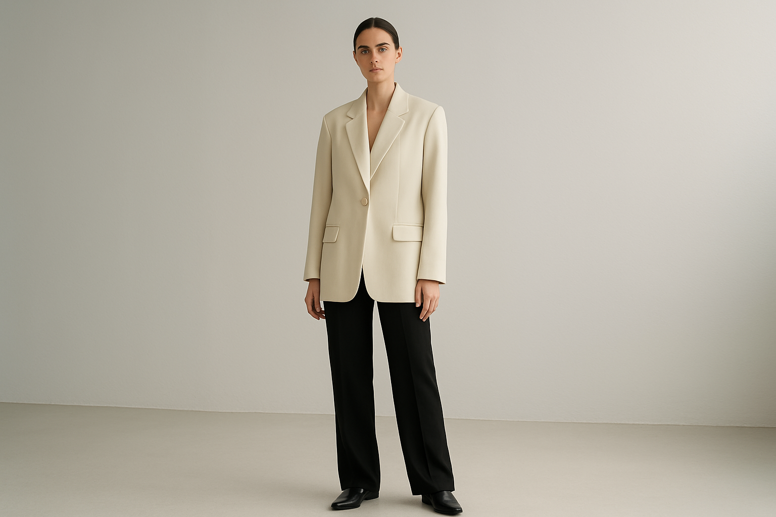 Editorial fashion new arrivals display with a model in an off-white oversized blazer and black straight-leg trousers in a clean light-gray studio