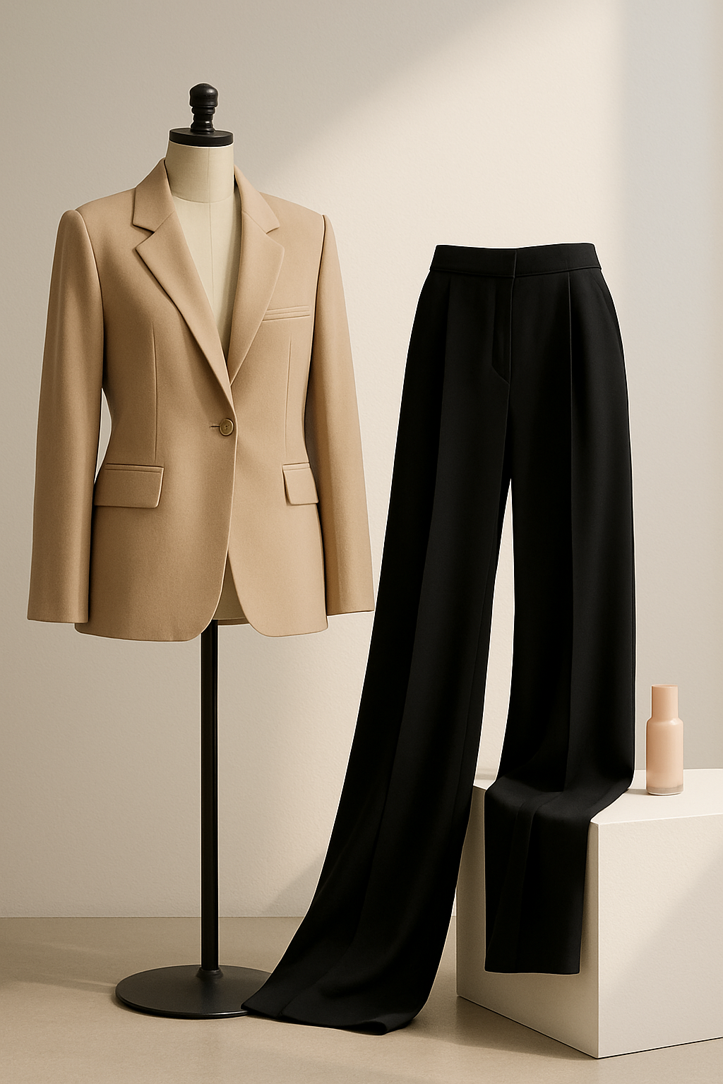 New cross-border womenswear on a minimalist set, featuring tailored blazers and fluid wide-leg trousers
