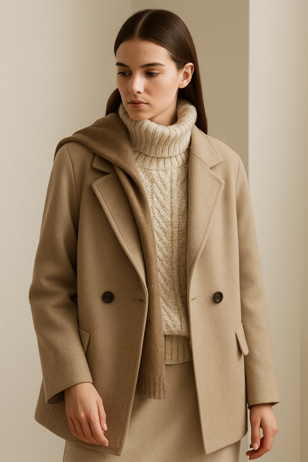 An autumn-winter styling scene with layered outerwear and knitwear on a model