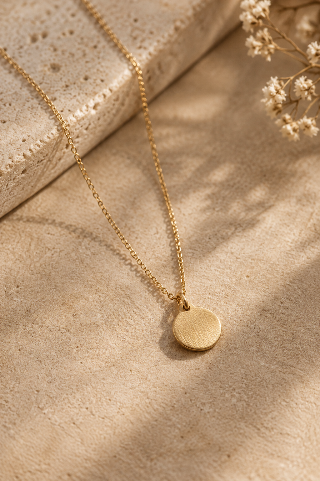 A petite brushed gold pendant necklace resting on a warm textured surface