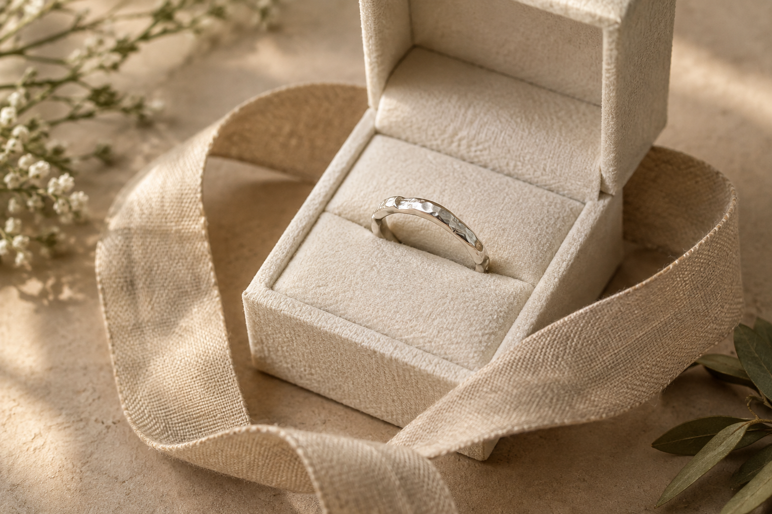 Handmade silver ring nestled in a softly textured ivory jewelry box with a linen ribbon on a warm neutral surface