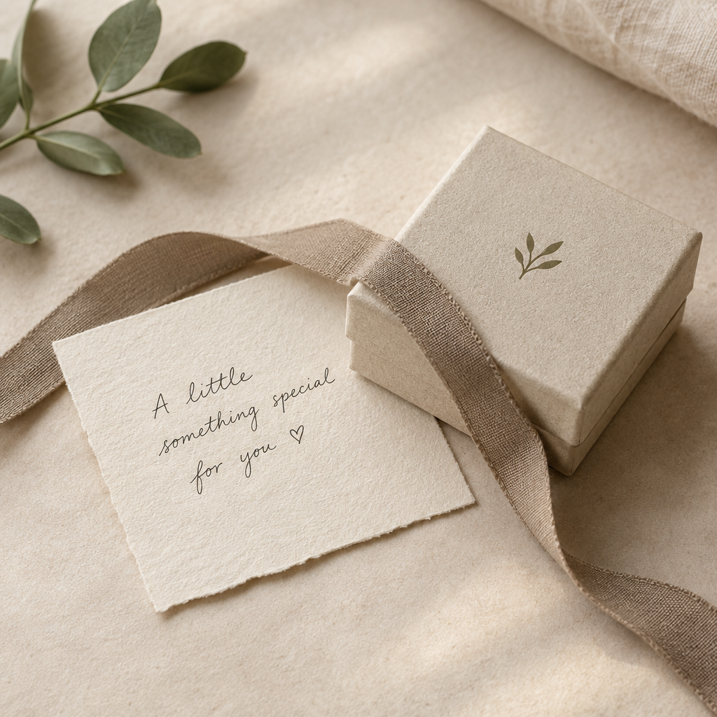 Handwritten gift note on softly textured paper tucked beneath a delicate taupe ribbon beside a small jewelry box