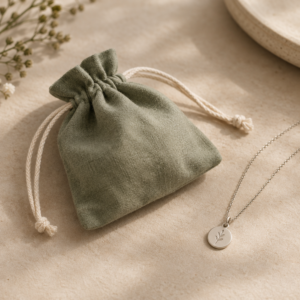 Small sage-green cotton jewelry pouch tied with a slim cream drawstring beside a silver pendant