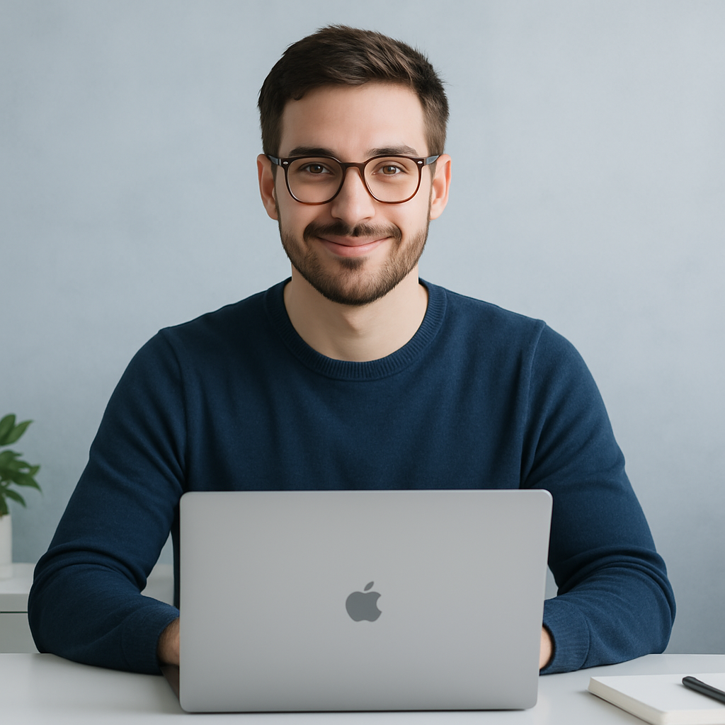 Professional web developer at laptop, modern and friendly, tech-savvy and approachable