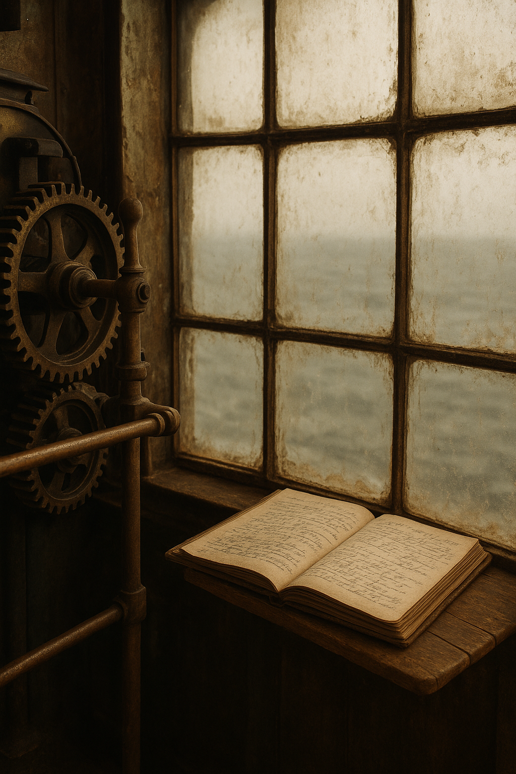 Warm-toned archival detail of a lighthouse lantern room interior with brass mechanisms, weathered glass, and handwritten maintenance notes