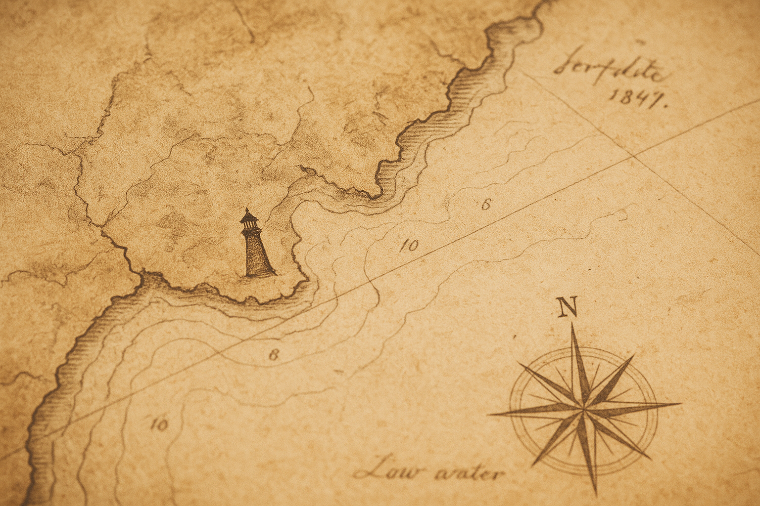 Archival-style coastal chart fragment showing lighthouse marks, shoreline contours, and handwritten navigation notes