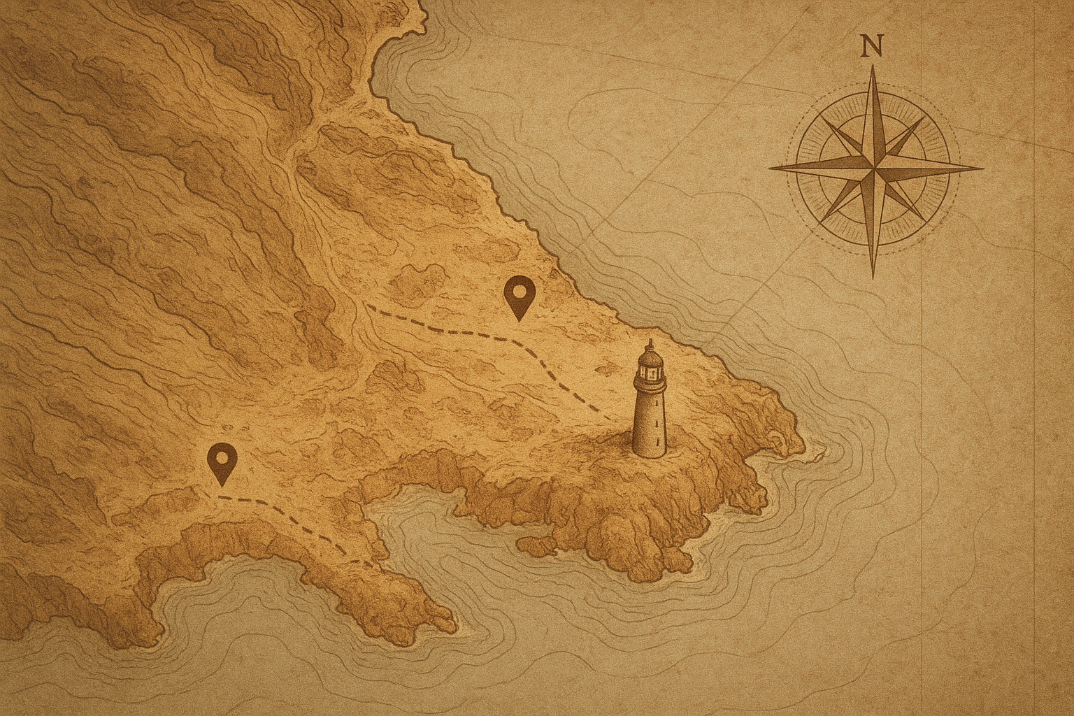 Archival-style coastal reference chart showing the northern shoreline with handwritten lighthouse markers and route lines
