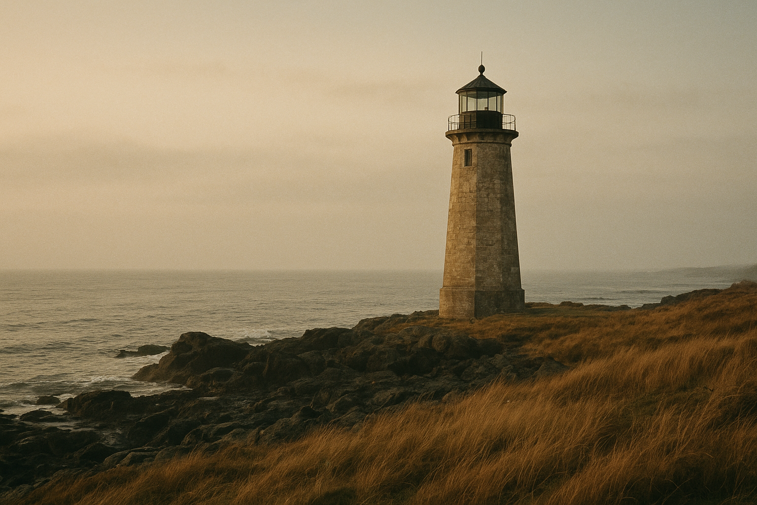 Weathered stone lighthouse on a northern shoreline at soft light with warm film-like tones, subtle grain, natural sea haze, and believable coastal detail