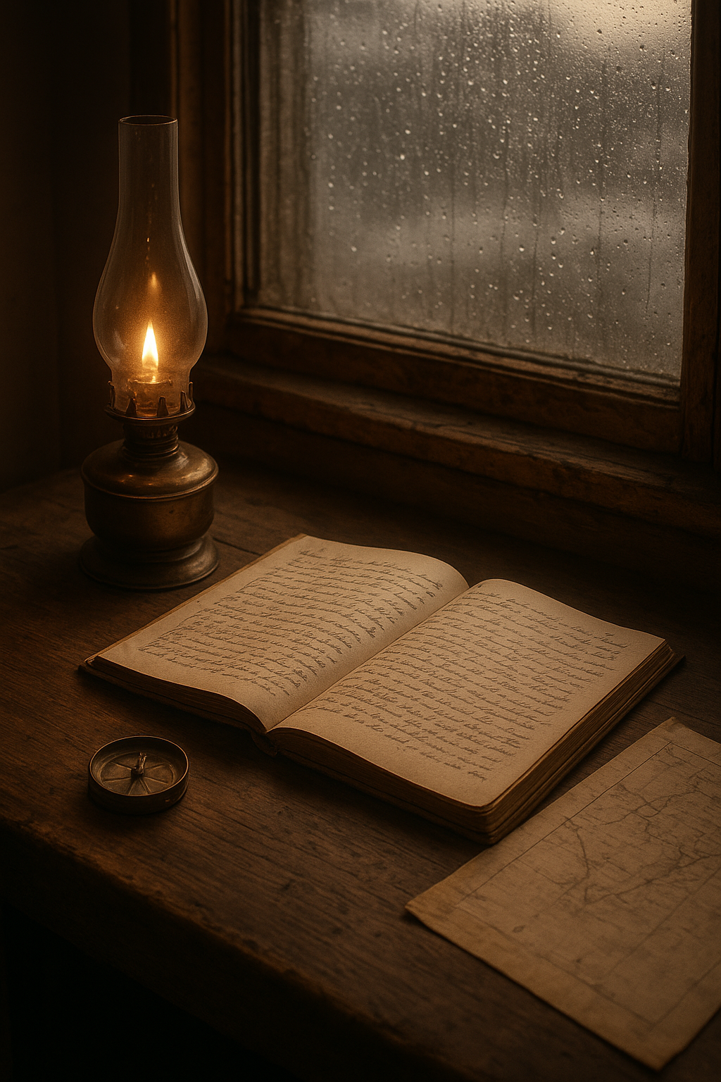 Weathered wooden desk inside a historic lighthouse with an open logbook, brass oil lamp, compass, and rain-specked window in warm film-like light