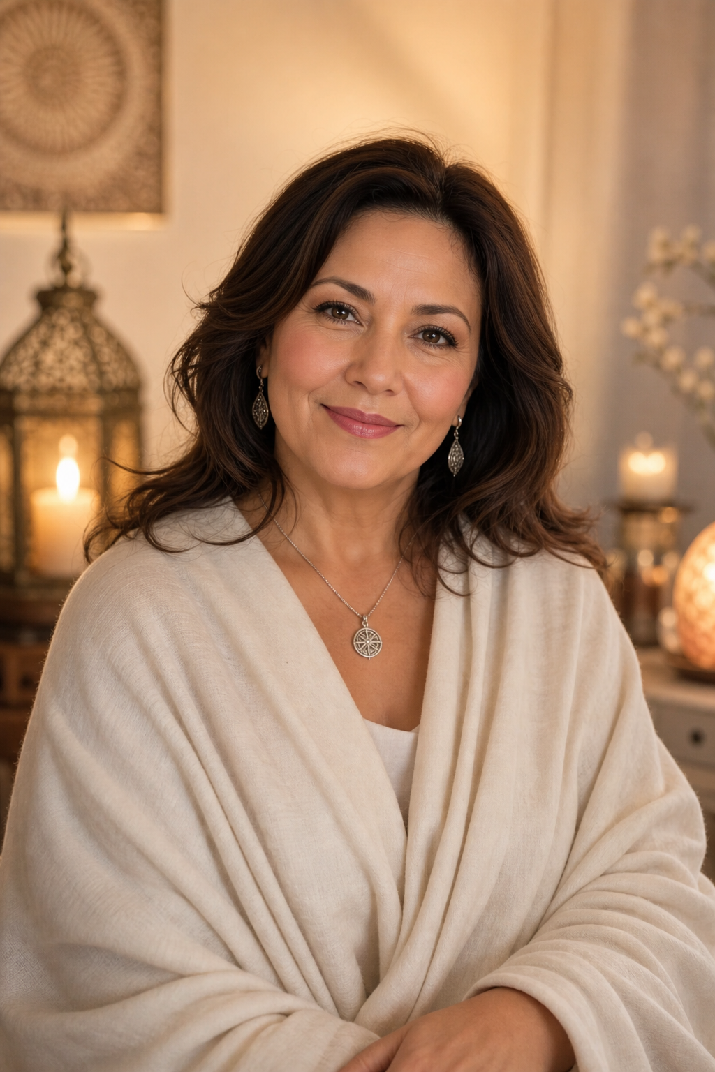 Warm portrait of Psychic Nadia wearing a soft shawl and subtle jewelry, standing in gentle indoor light with a calm, reassuring expression