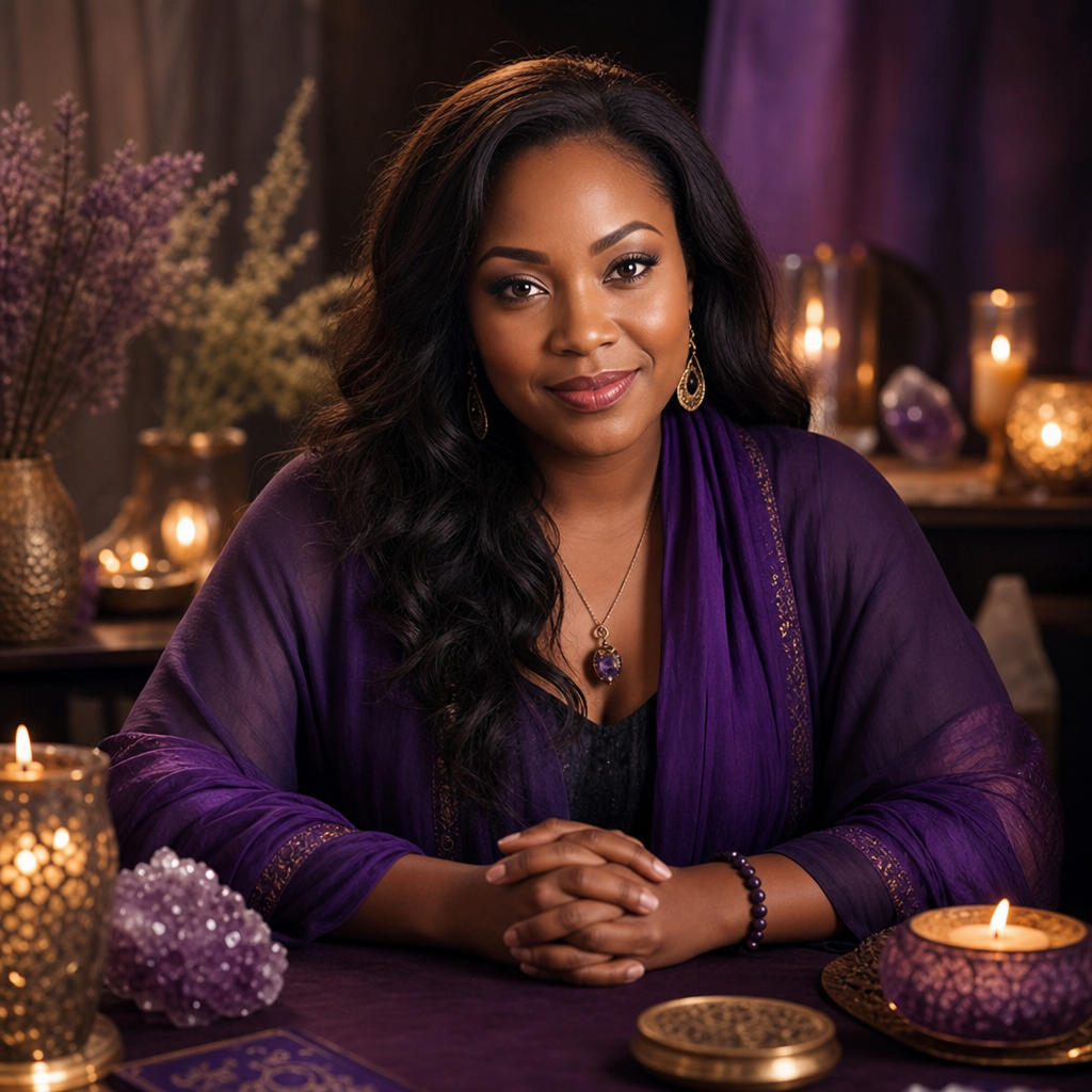 Elegant portrait of Psychic Nadia in a serene setting with soft candlelight, wearing a flowing deep-purple shawl and gentle jewelry, her expression calm and welcoming