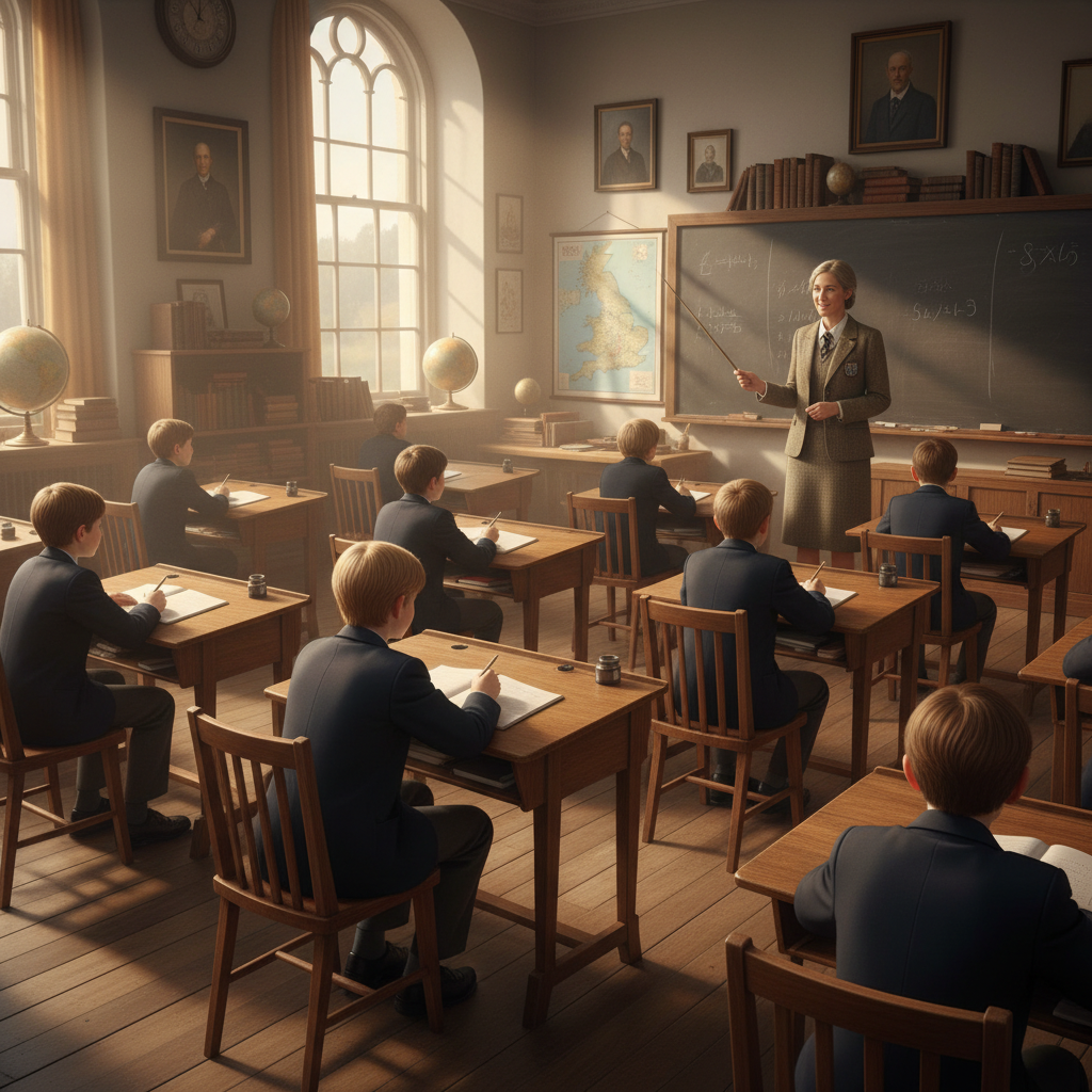 Traditional British classroom with students engaged in learning