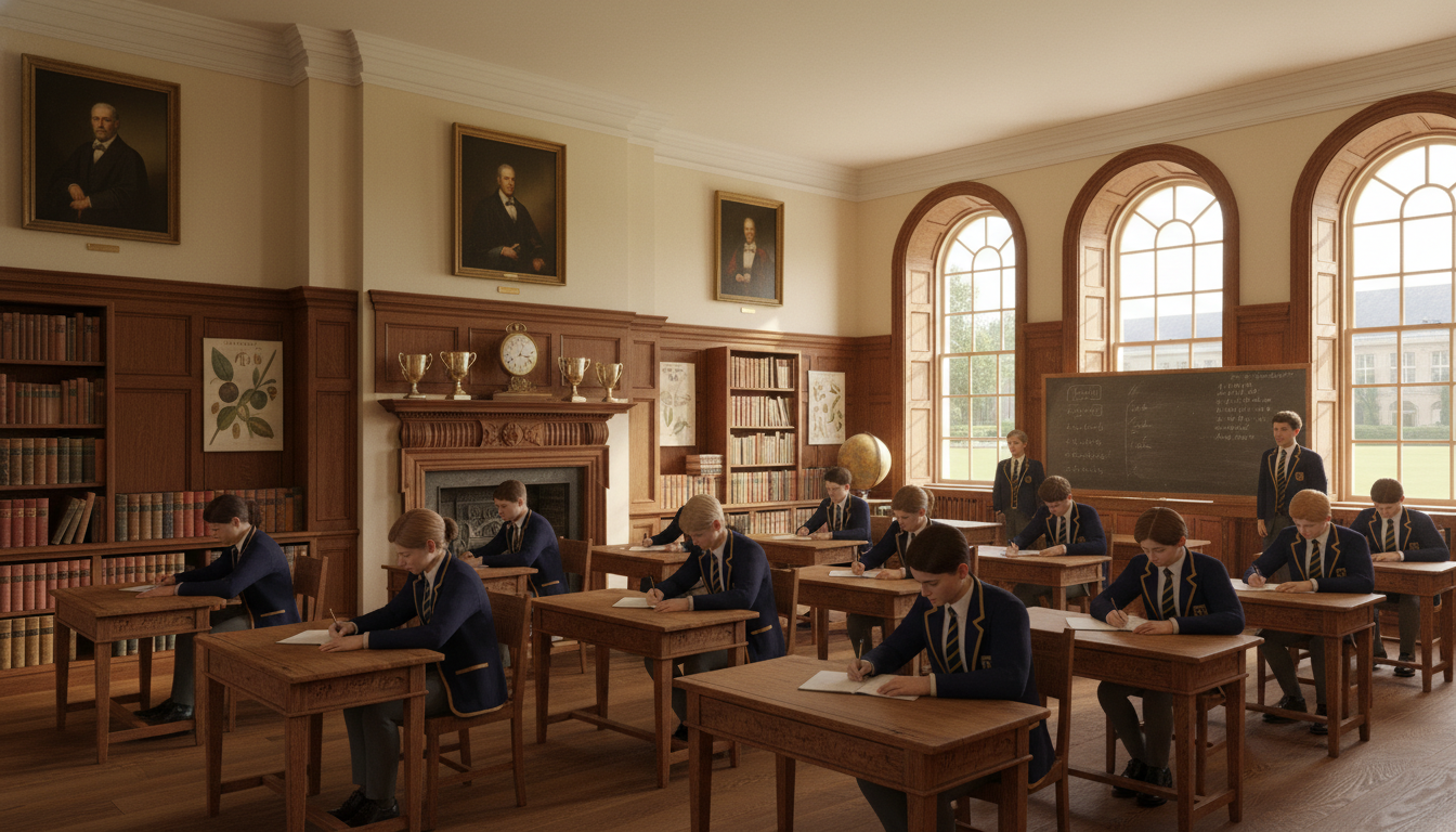 Elegant British private school classroom, students in uniform, historic setting
