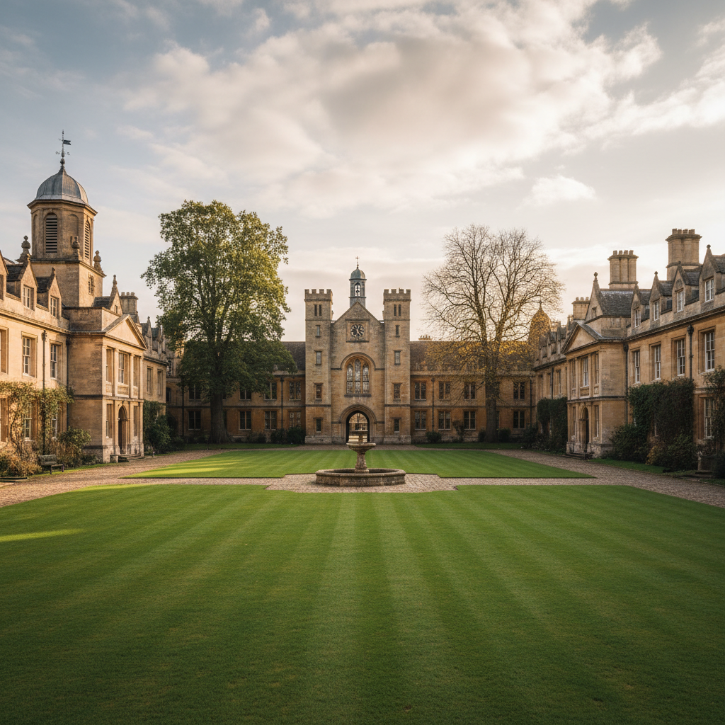 Historic school campus quad with old stone buildings