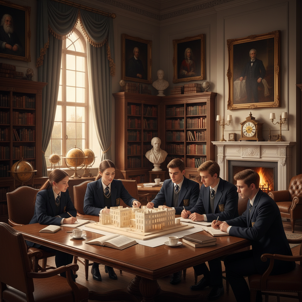 Students collaborating on a project in an elegant study hall