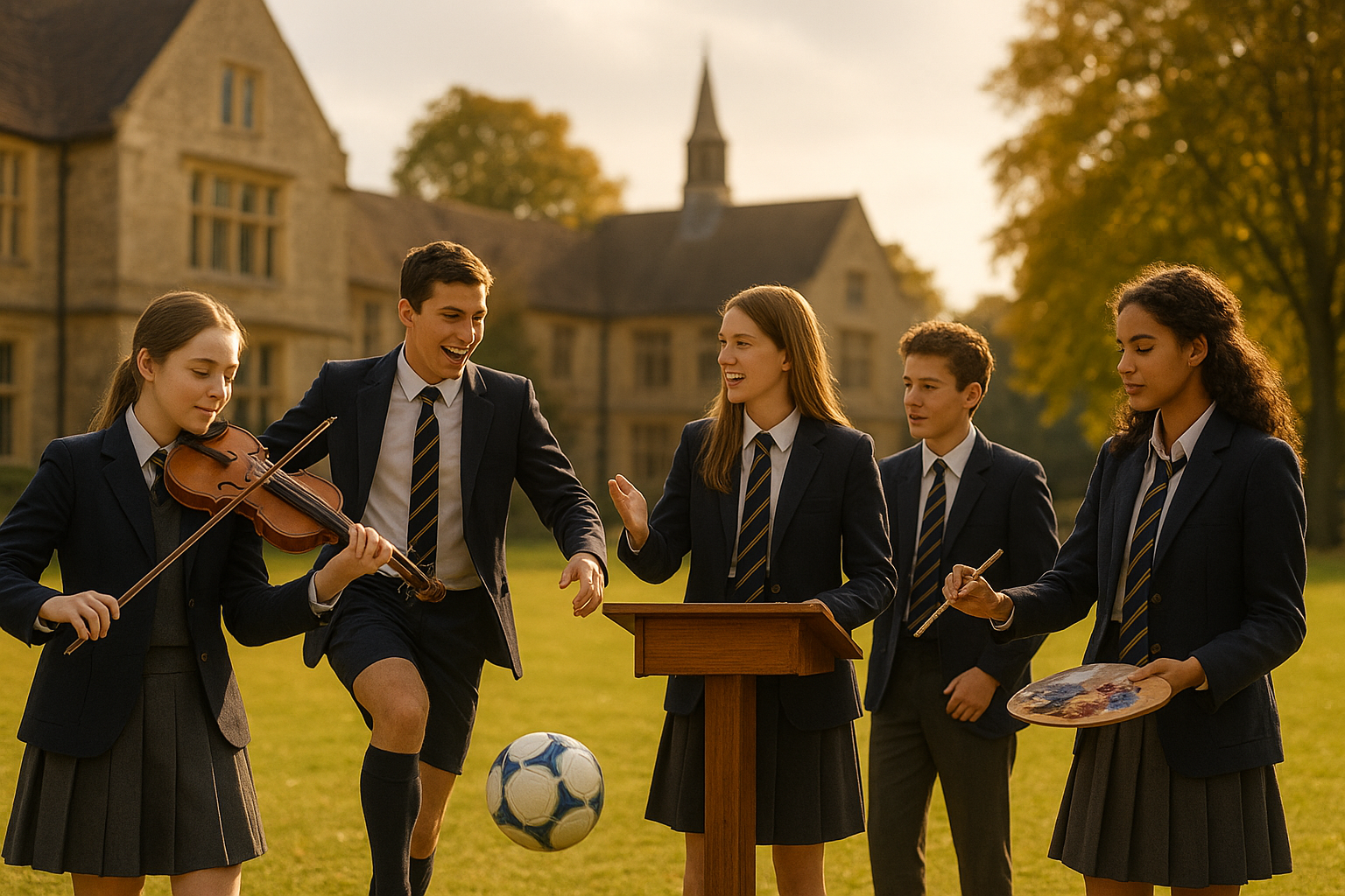 Students in uniform participating in various extracurricular activities on a historic British school campus