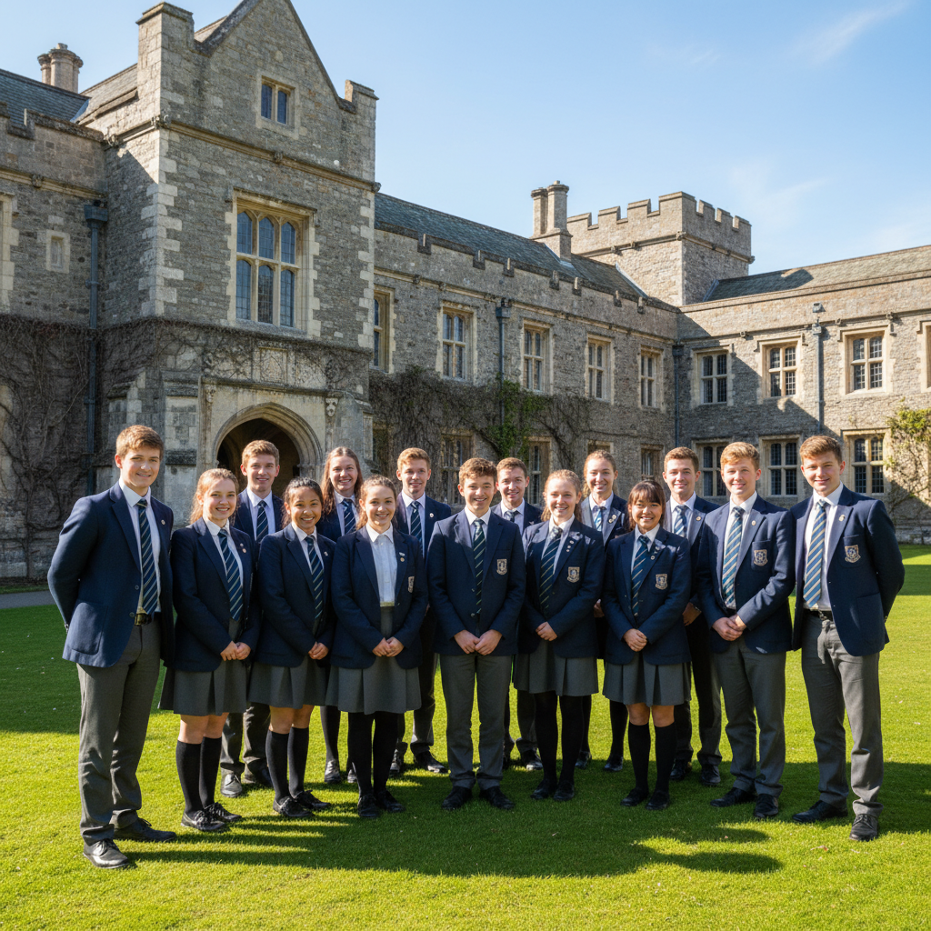 Students in uniform smiling in front of the historic school building