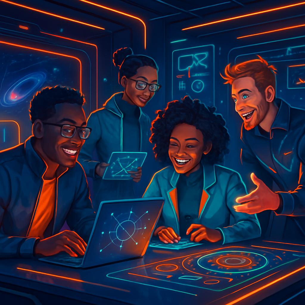 DreamSyncLyncz Team in a galactic, futuristic workspace