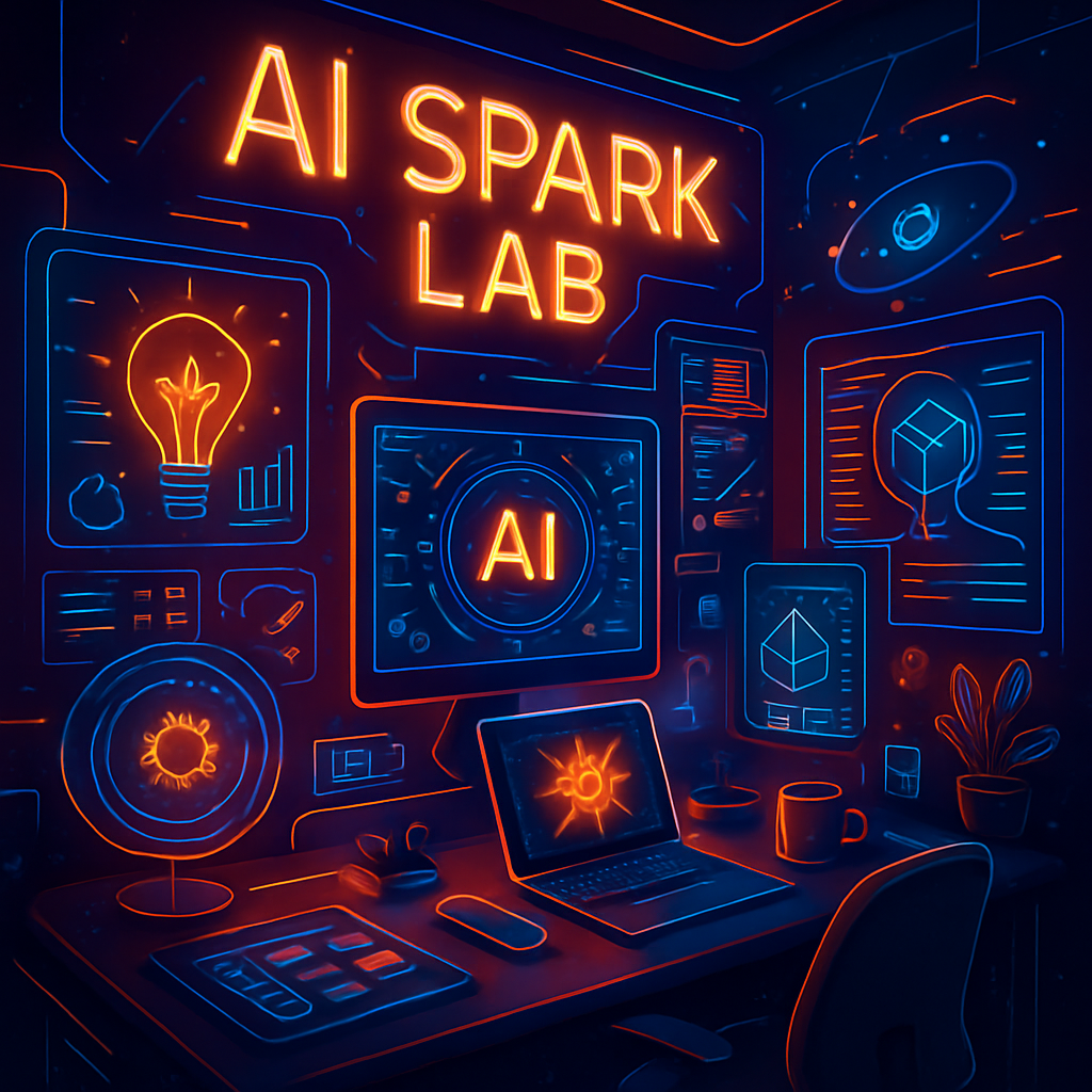 AI Spark Lab workspace with futuristic UI holograms