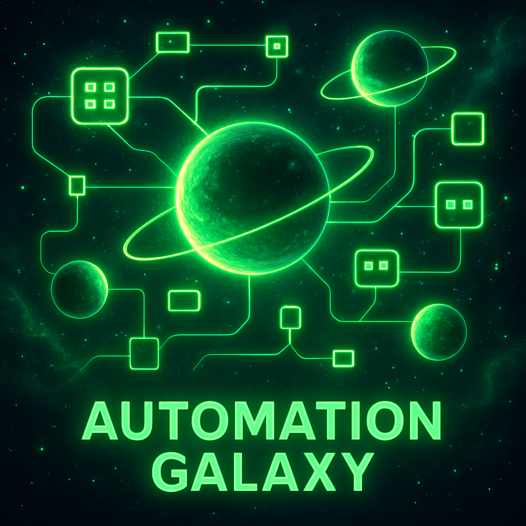 Automation Galaxy with neon process lines and planets