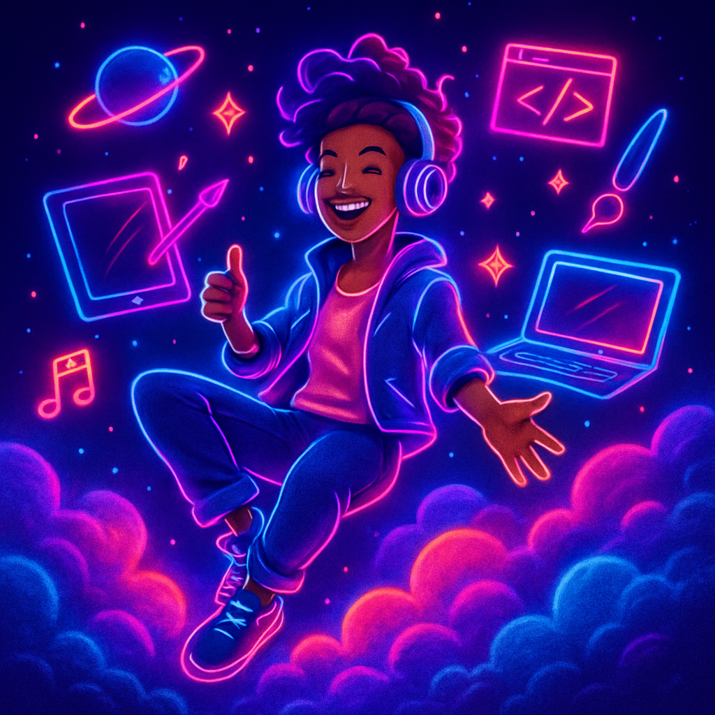 Empowered creator floating in neon clouds