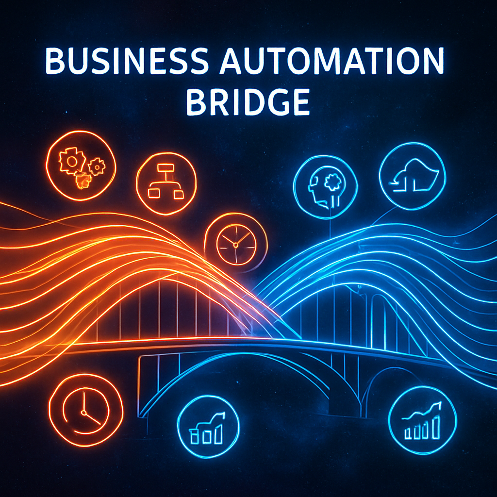 Business Automation Bridge with neon orange and blue flows
