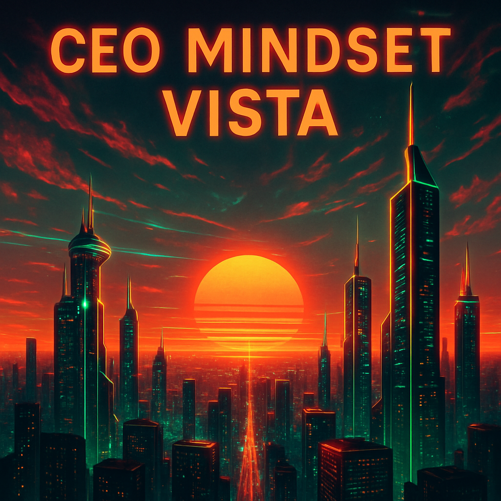 CEO Mindset Vista with neon horizon and cityscape