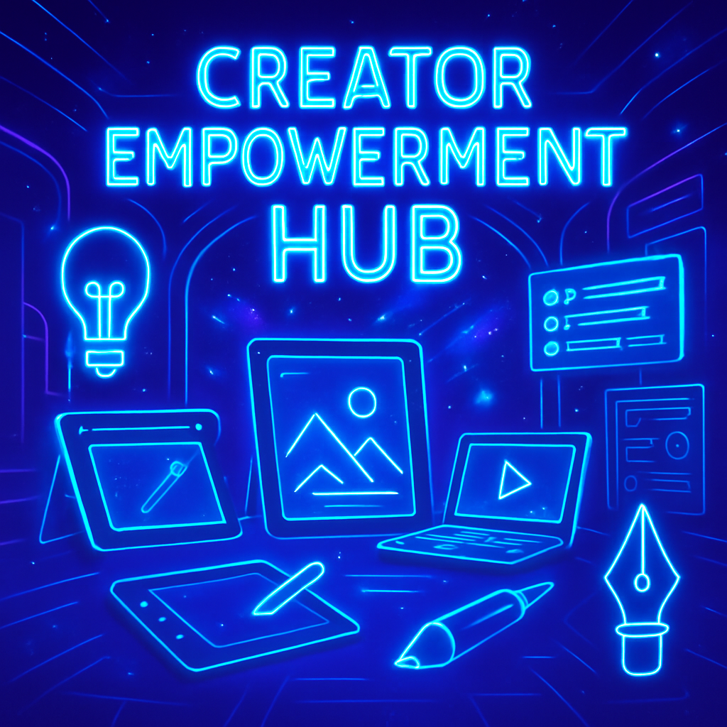 Creator Empowerment Hub with neon blue creative tools