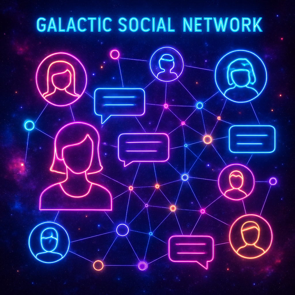 Galactic Social Network interface with neon avatars