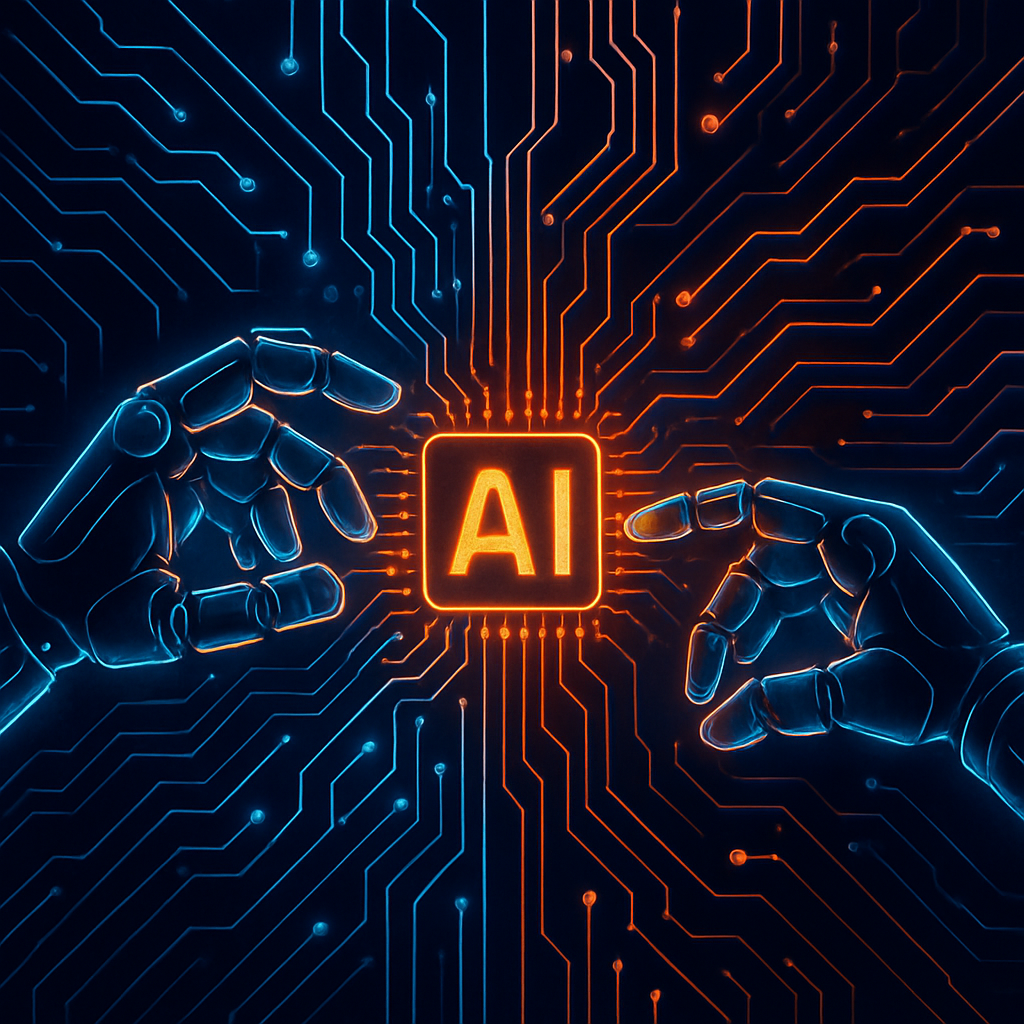 AI Automation Demo video thumbnail: glowing circuit patterns and AI robot hands in neon blue and orange