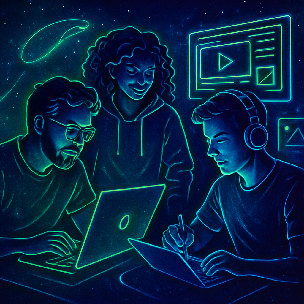 Creator Empowerment Stories video thumbnail: neon-lit creators collaborating in a galactic workspace