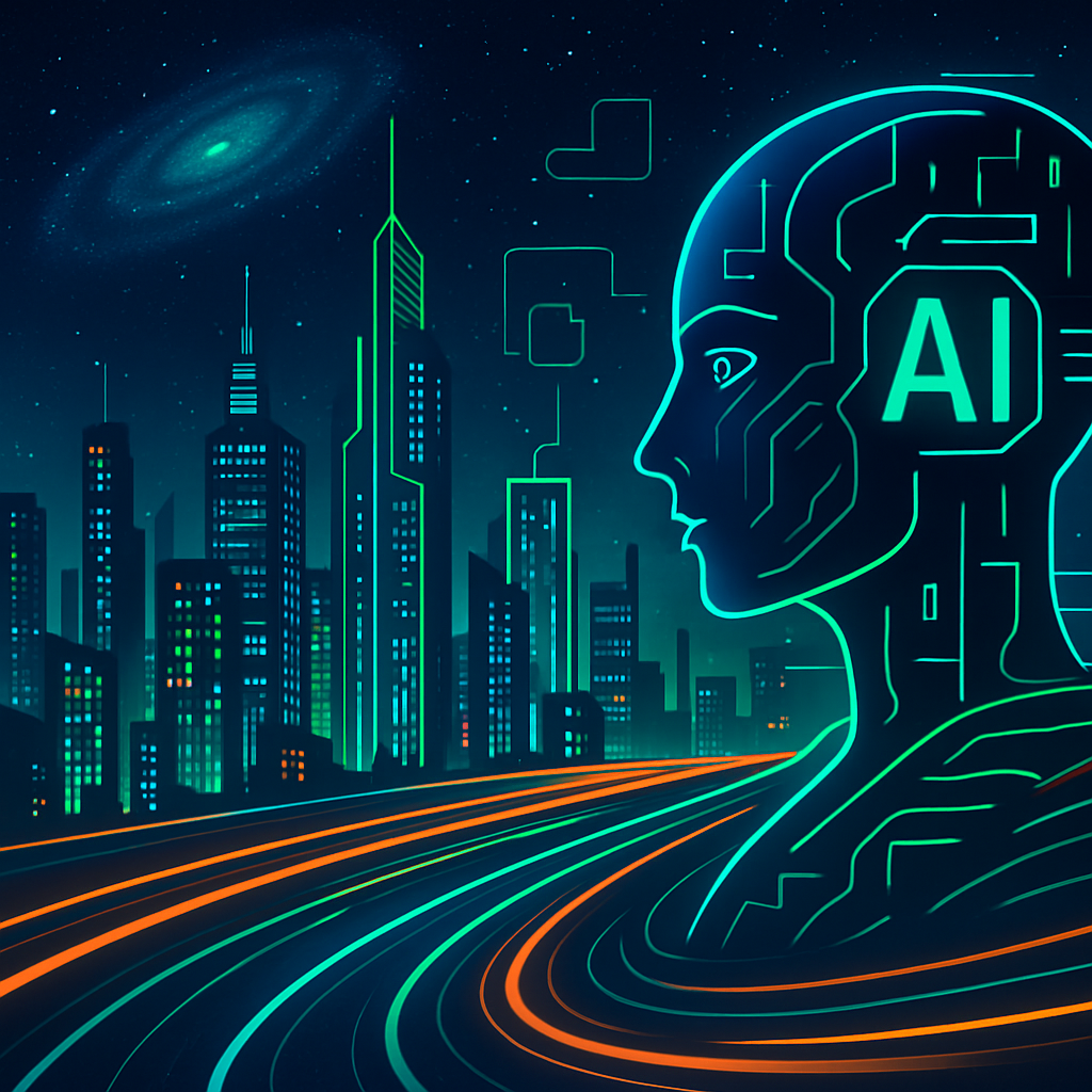 Future Vision & Innovation video thumbnail: galactic cityscape with neon trails and futuristic AI elements