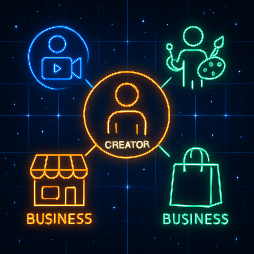 The Galactic Social Ecosystem video thumbnail: neon network of connected creators and businesses on a galactic grid