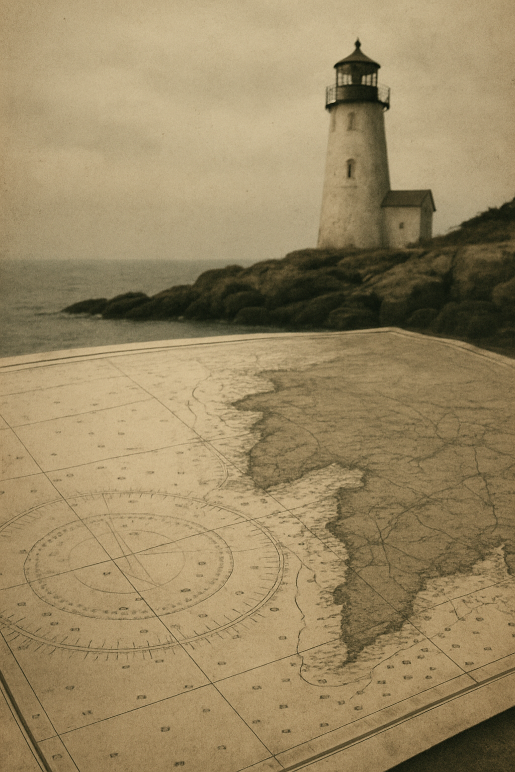 Archival northern coastal chart with a lighthouse shoreline in overcast sea light