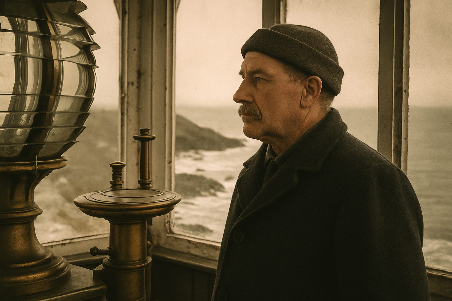 Middle-aged lighthouse keeper in a heavy wool coat, standing beside a lantern room window with weathered brass instruments and a muted coastal sky
