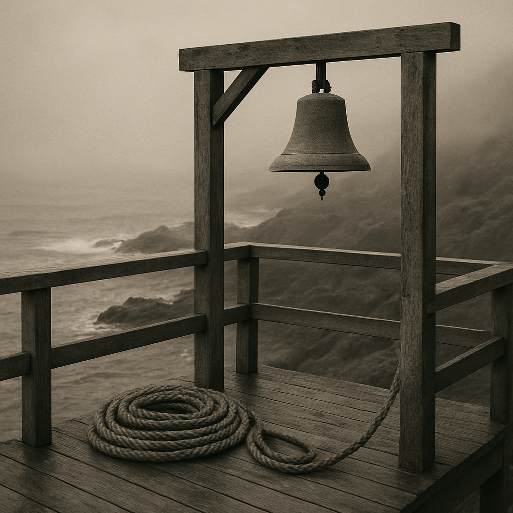 Weathered wooden fog bell platform with coiled rope, damp railings, and sea mist rolling across a rocky shoreline