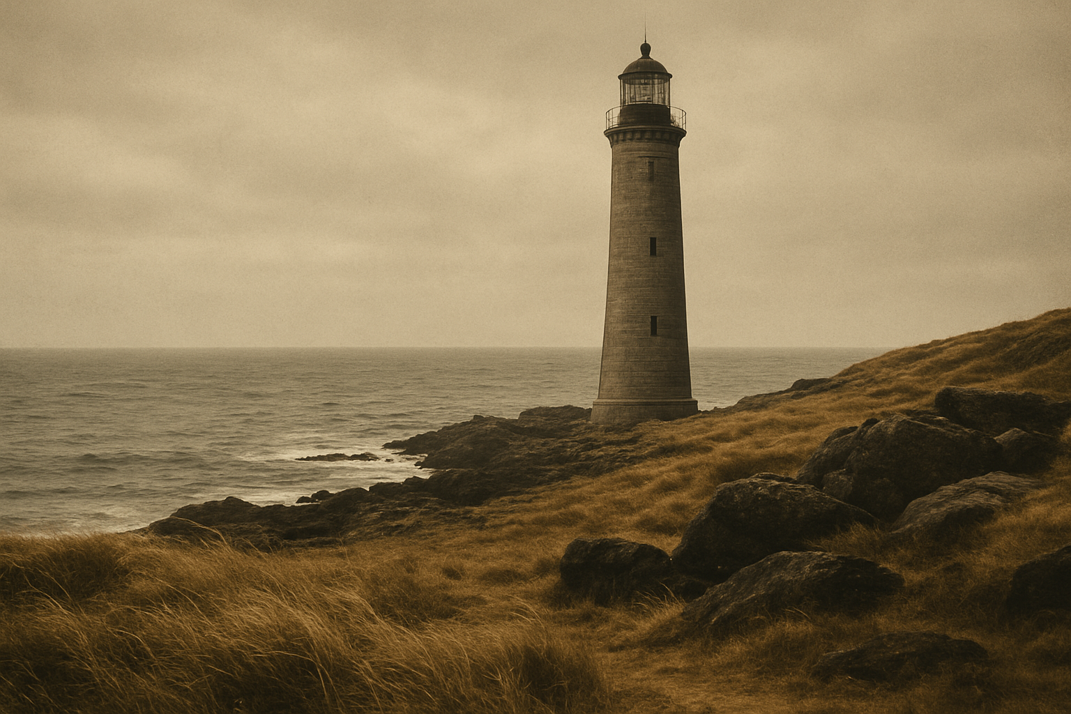 Archival coastal lighthouse standing on a rugged northern shoreline under moody maritime light