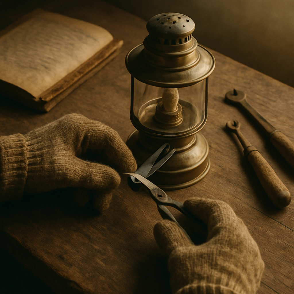 Close view of gloved hands trimming a kerosene lighthouse lamp wick beside a worn maintenance notebook and brass tools
