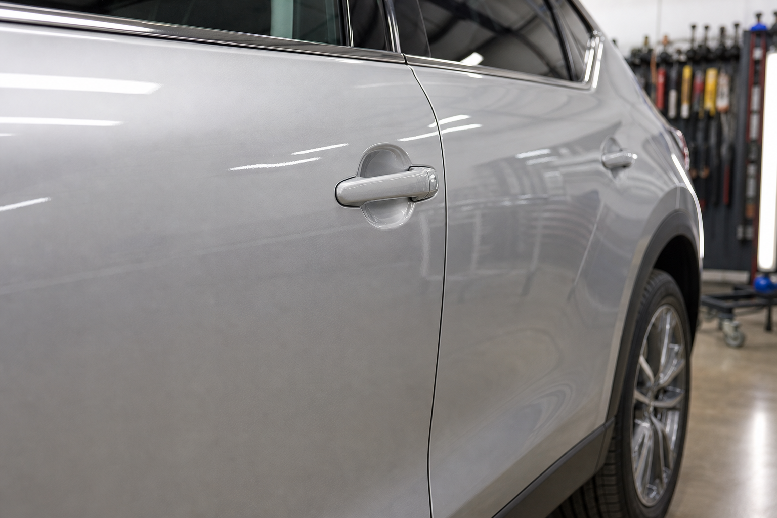 Close-up of a clean vehicle body panel in a professional paintless dent repair workshop with smooth reflective finish