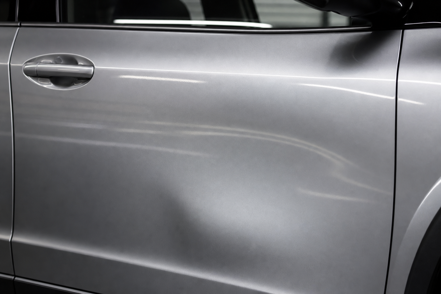 Close-up of a metallic silver vehicle door panel under soft shop lighting, showing smooth reflective contours used to assess dent depth
