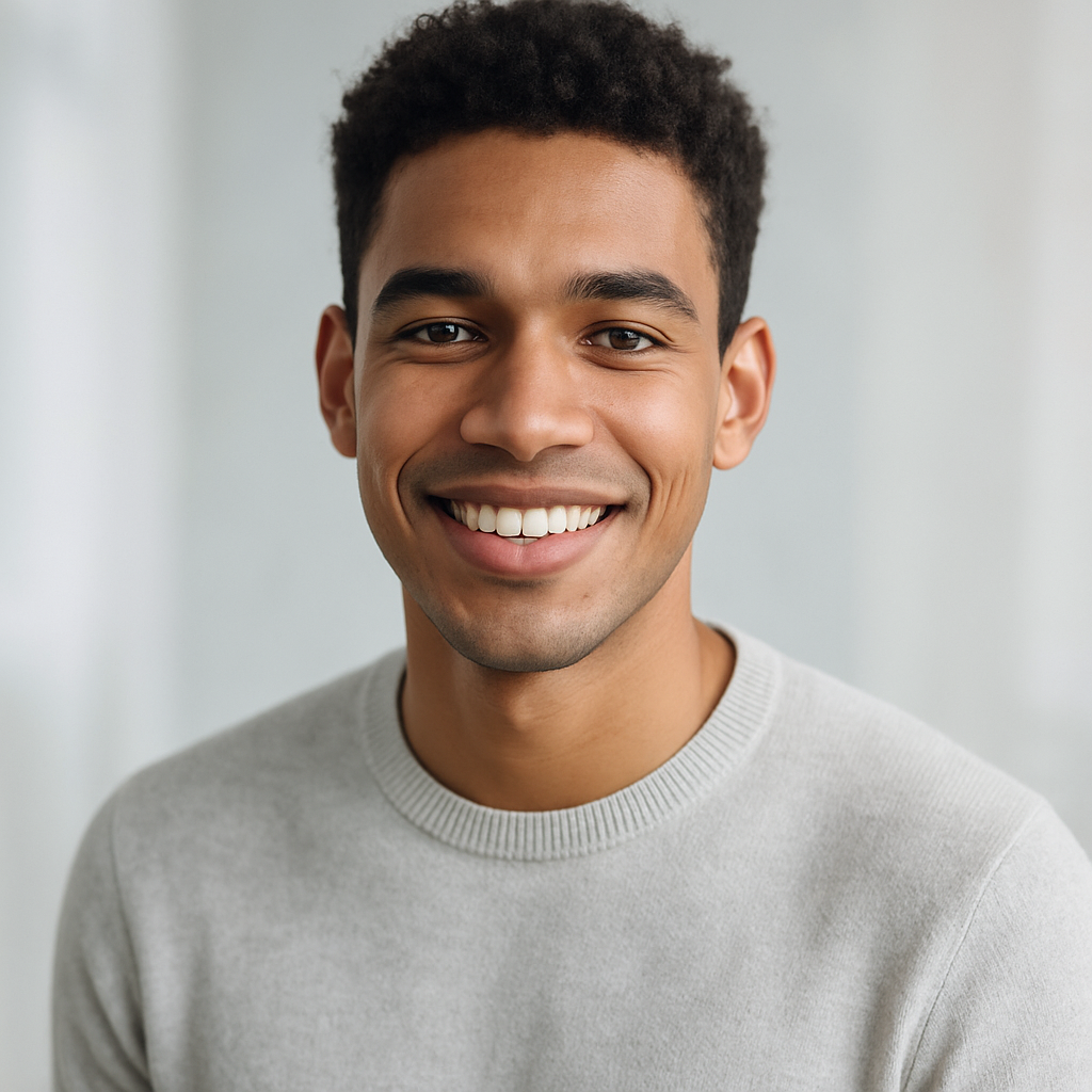 Portrait of Andre, a customer with curly hair and a warm smile
