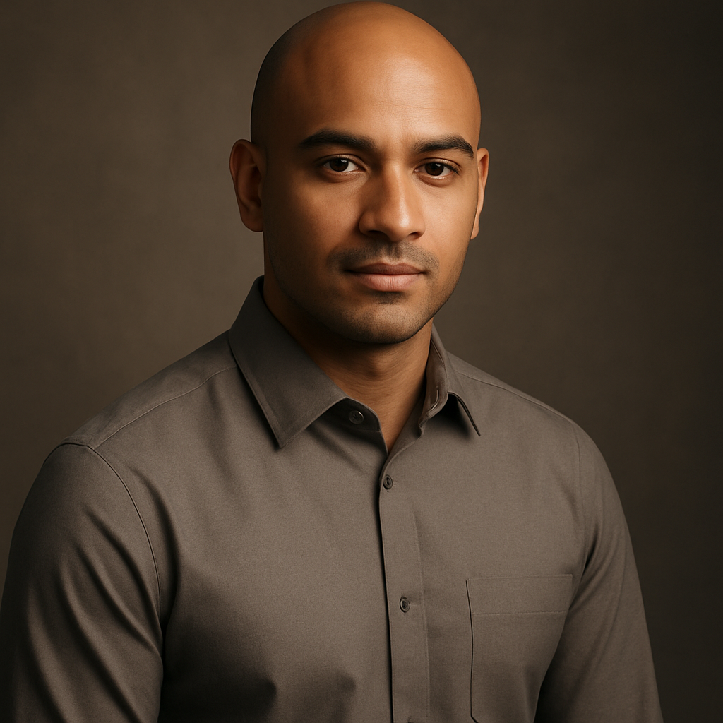 Portrait of James, a customer with shaved head and confident expression