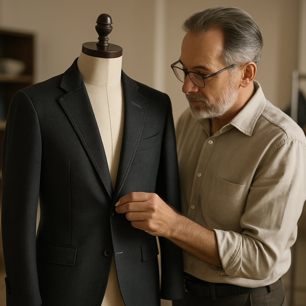 Tailor pinning a jacket in a studio
