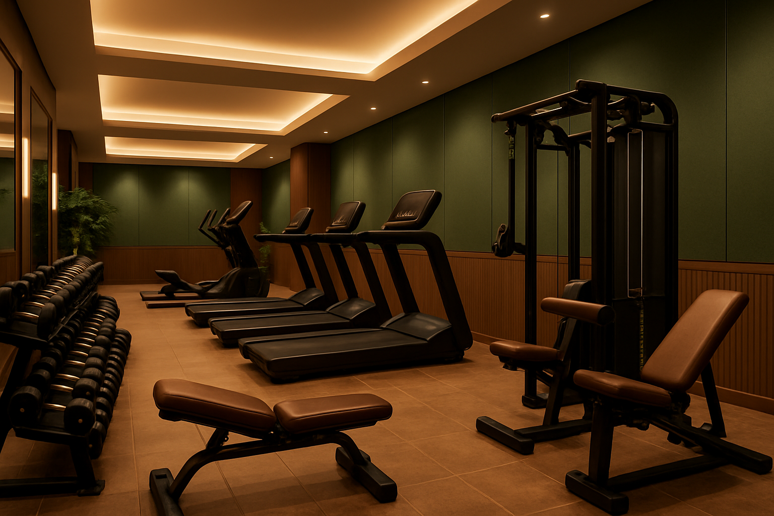 Luxurious gym interior with premium equipment, warm brown and green accents, and a welcoming atmosphere