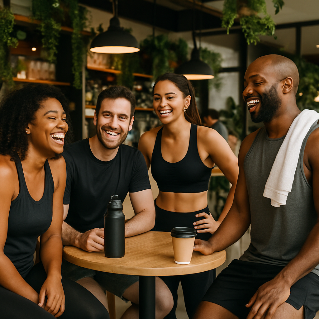 Member chatting with group in gym cafe